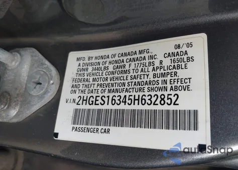 2005 Honda Civic Vp z USA, uszkodzony, nr VIN 2HGES16345H632852
